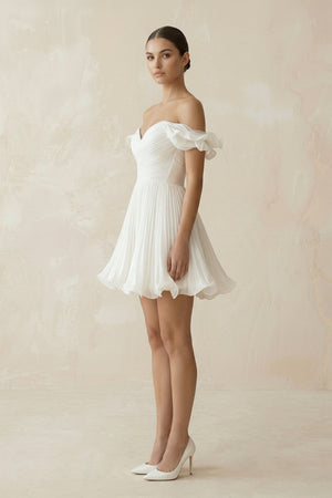 Pleated Ruffled Off - the - Shoulder A - Line Mini Wedding Dress in White - SHE IS ME Wedding Dresses