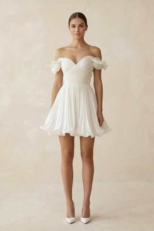 Pleated Ruffled Off - the - Shoulder A - Line Mini Wedding Dress in White - SHE IS ME Wedding Dresses