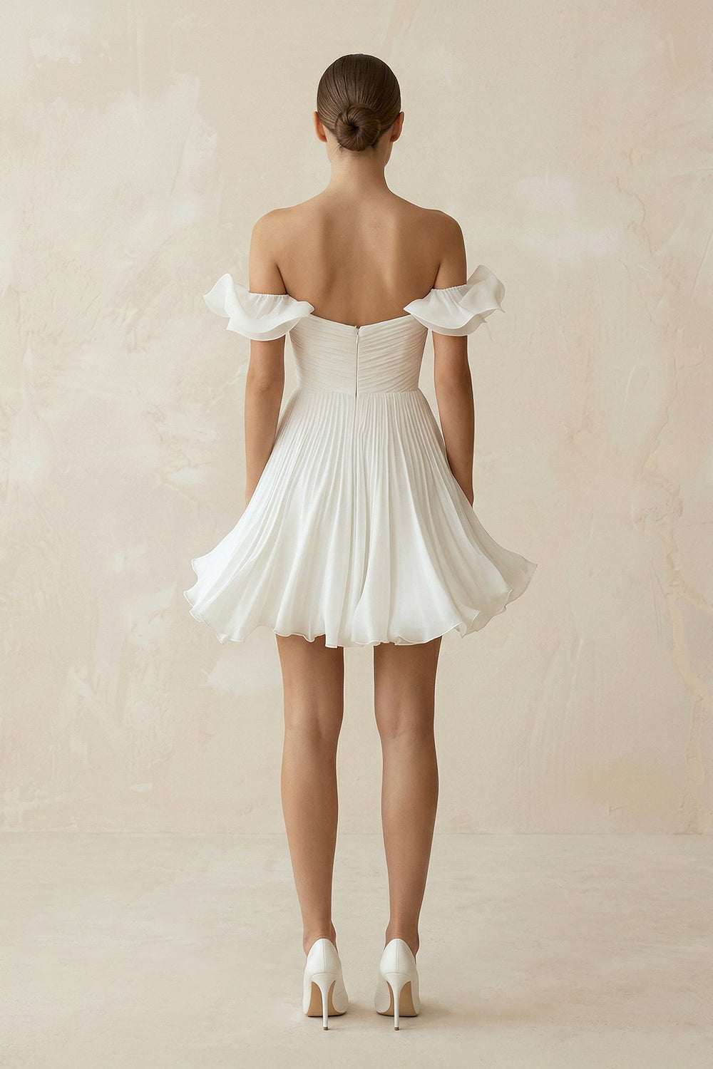 Pleated Ruffled Off - the - Shoulder A - Line Mini Wedding Dress in White - SHE IS ME Wedding Dresses