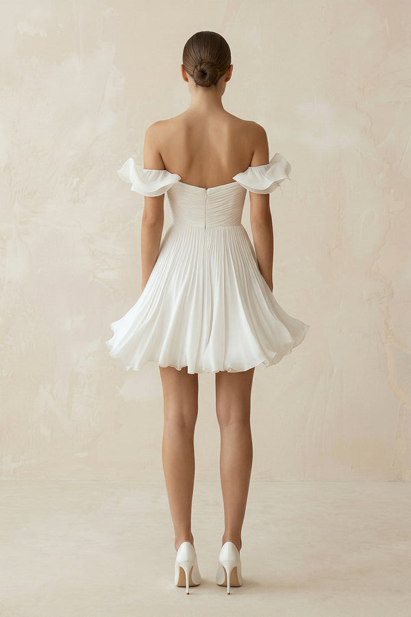 Pleated Ruffled Off - the - Shoulder A - Line Mini Wedding Dress in White - SHE IS ME Wedding Dresses