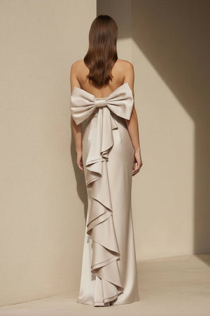 Pleated Satin Maxi Dress with Bowknot in Champagne - SHE IS ME
