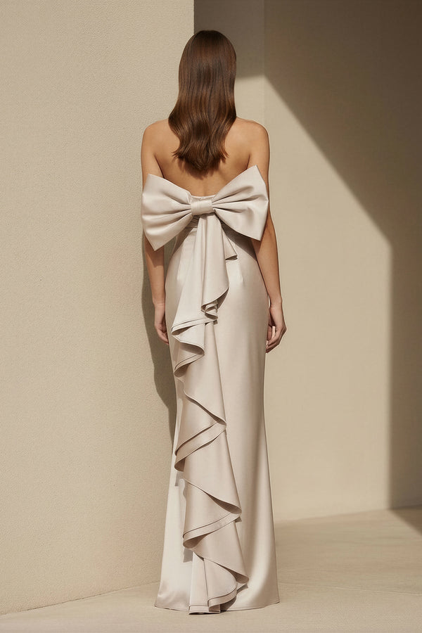 Pleated Satin Maxi Dress with Bowknot in Champagne - SHE IS ME