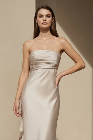 Pleated Satin Maxi Dress with Bowknot in Champagne - SHE IS ME