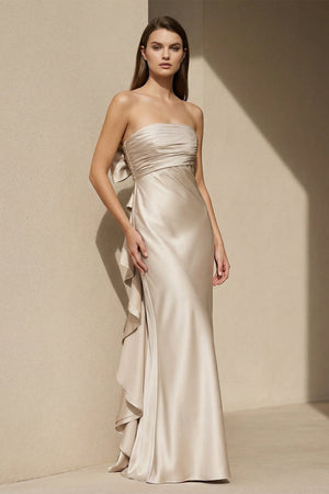Pleated Satin Maxi Dress with Bowknot in Champagne - SHE IS ME