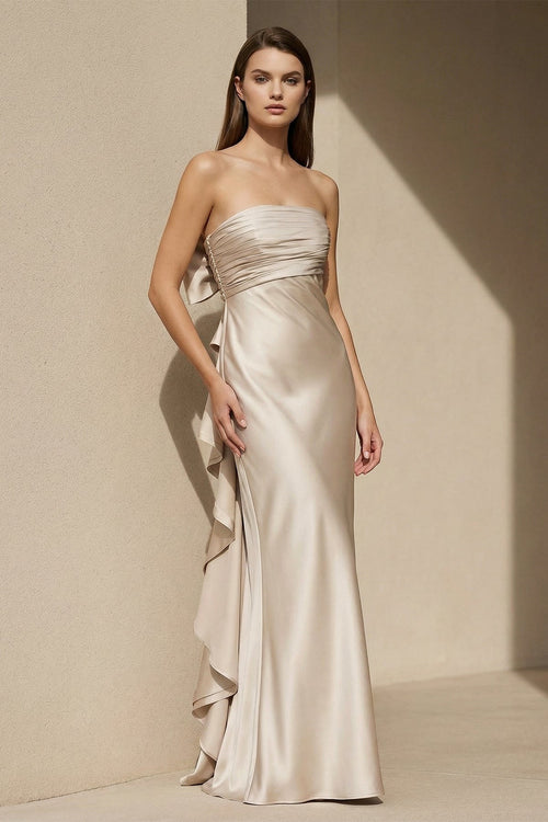 Pleated Satin Maxi Dress with Bowknot in Champagne - SHE IS ME