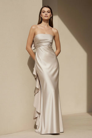Pleated Satin Maxi Dress with Bowknot in Champagne - SHE IS ME
