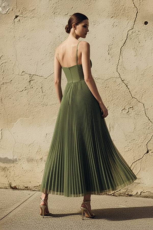 Pleated Spaghetti Straps Corset Maxi Dress in Olive - SHE IS ME
