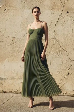 Sheisme-Olive Green Tulle Spaghetti Strap A-Line Maxi Evening Formal Dress