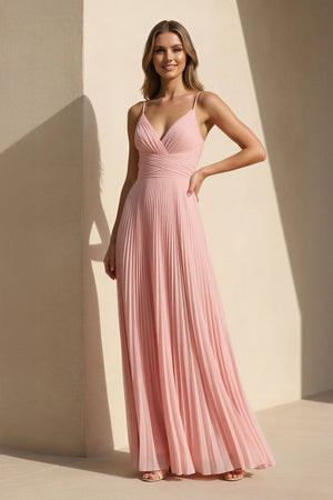 Pleated Spaghetti Straps Maxi Dress in Pink - SHE IS ME PROM DRESSES