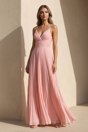 Pleated Spaghetti Straps Maxi Dress in Pink - SHE IS ME PROM DRESSES