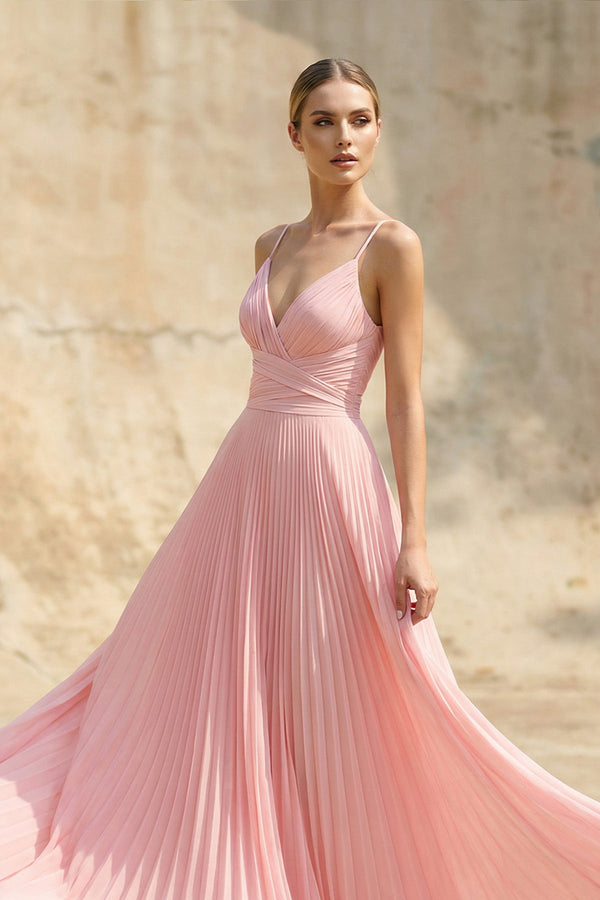 Pleated Spaghetti Straps Maxi Dress in Pink - SHE IS ME PROM DRESSES