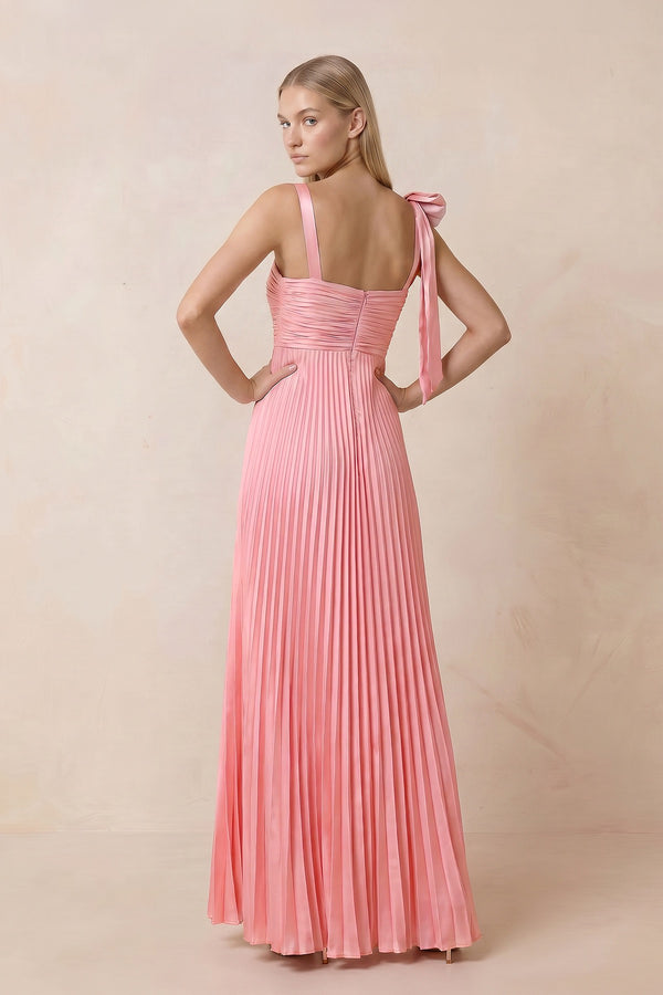 Pleated Square Neck A-Line Maxi Dress with Bow in Rosette – SHE IS ME Dresses
