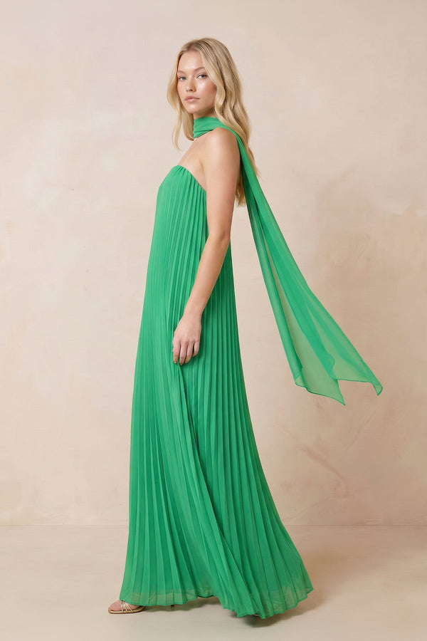 Pleated Strapless A - Line Maxi Dress With Scarf in Green - SHE IS ME Dresses
