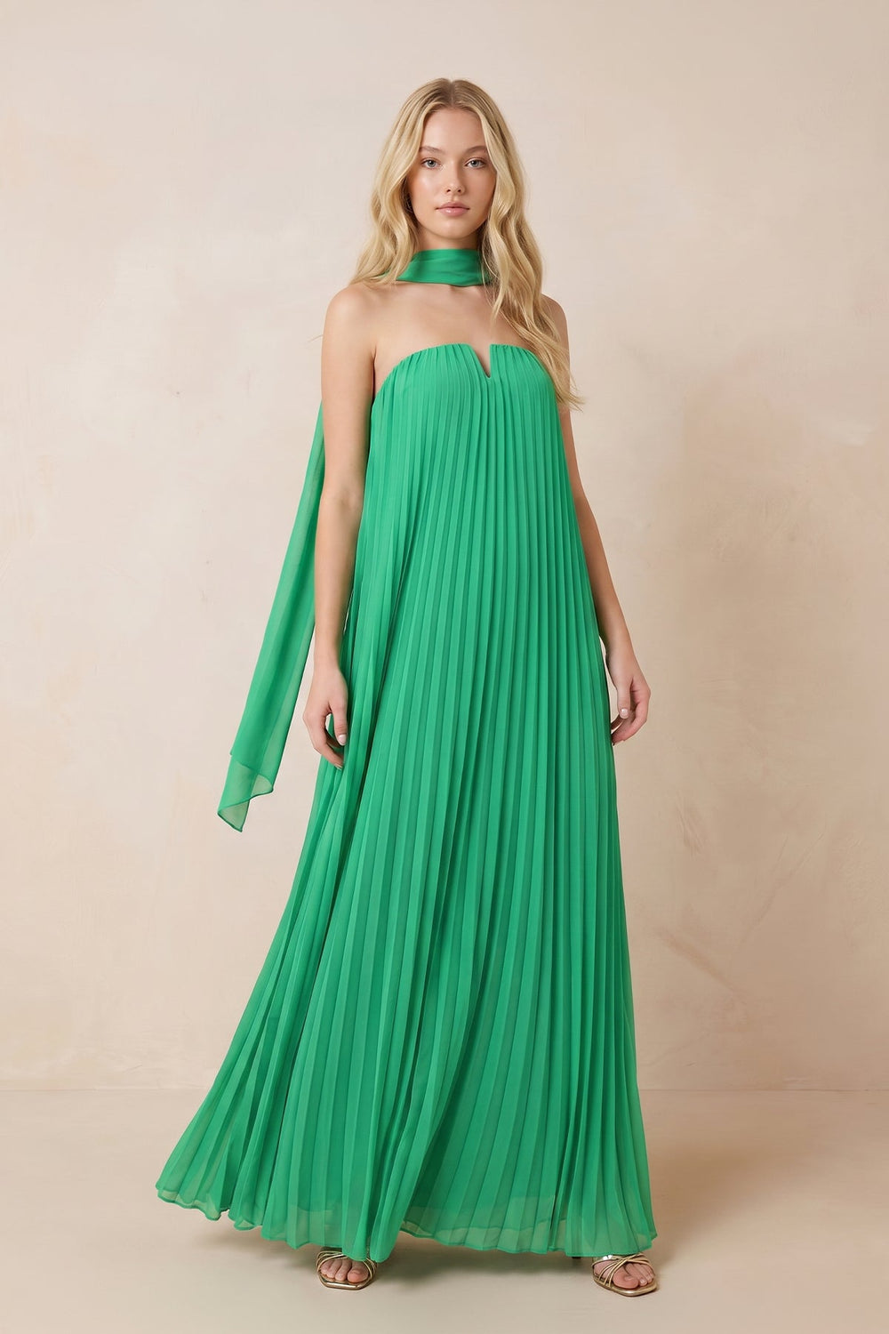 Pleated Strapless A - Line Maxi Dress With Scarf in Green - SHE IS ME Dresses