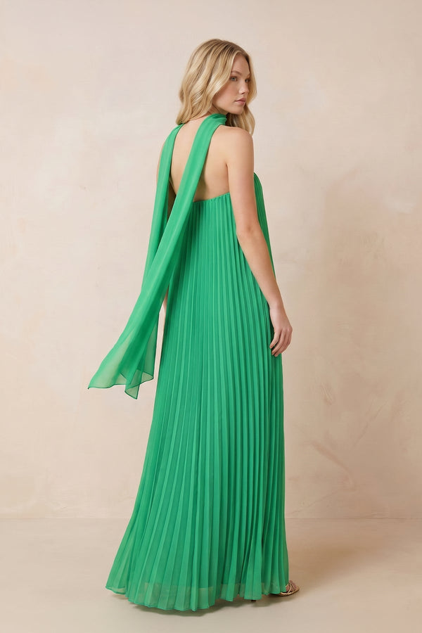 Pleated Strapless A - Line Maxi Dress With Scarf in Green - SHE IS ME Dresses