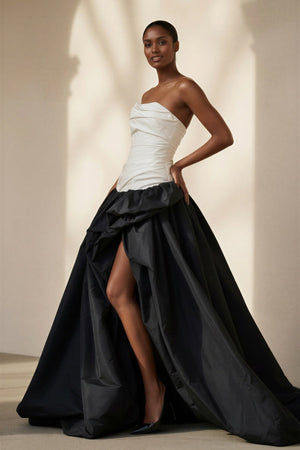 Pleated Strapless Gown With Slit in Black and Ivory - SHE IS ME Prom Dresses