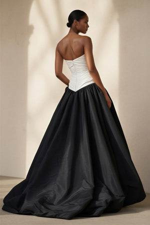 Pleated Strapless Gown With Slit in Black and Ivory - SHE IS ME
