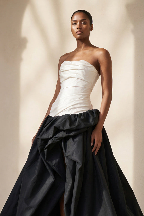 Pleated Strapless Gown With Slit in Black and Ivory - SHE IS ME Prom Dresses
