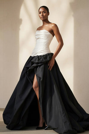 Pleated Strapless Gown With Slit in Black and Ivory - SHE IS ME Prom Dresses