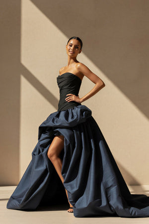 Pleated Strapless Gown With Slit in Black and Navy - SHE IS ME Prom Dresses