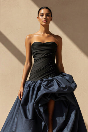 Pleated Strapless Gown With Slit in Black and Navy - SHE IS ME Prom Dresses