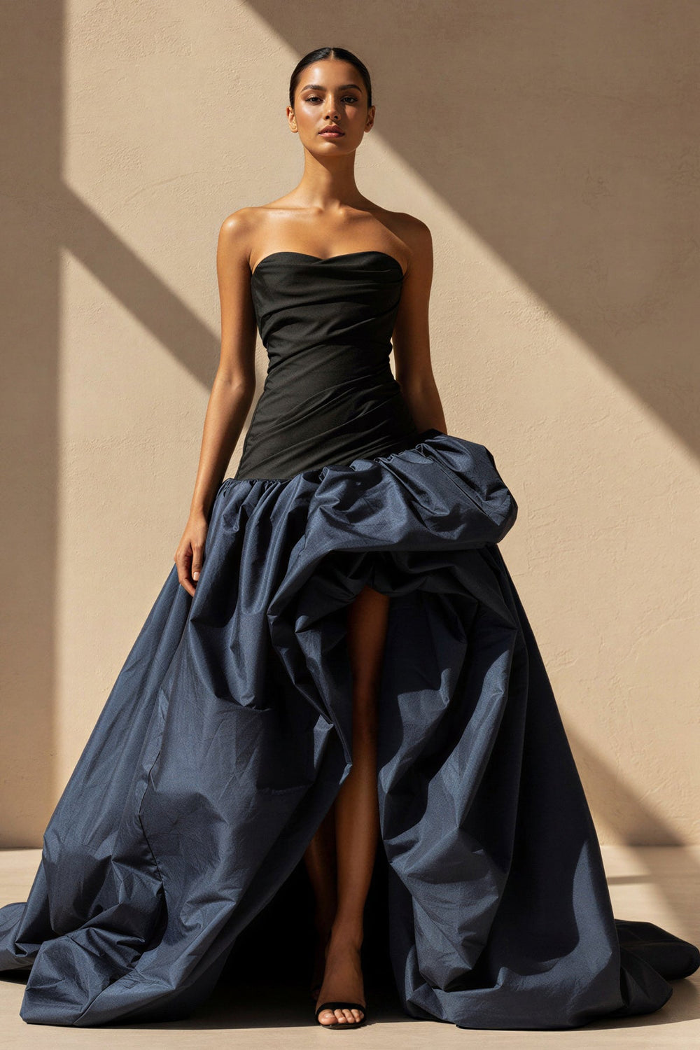 Pleated Strapless Gown With Slit in Black and Navy - SHE IS ME