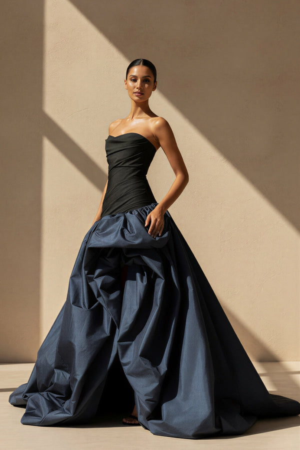 Pleated Strapless Gown With Slit in Black and Navy - SHE IS ME Prom Dresses