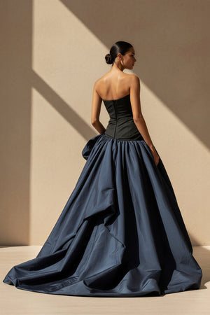 Pleated Strapless Gown With Slit in Black and Navy - SHE IS ME Prom Dresses