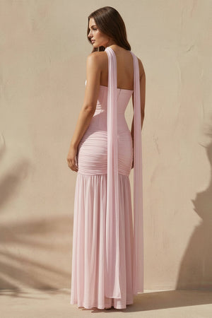 Pleated Strapless Maxi Dress with Scarf in Pink - SHE IS ME