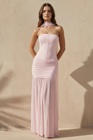 Pleated Strapless Maxi Dress with Scarf in Pink - SHE IS ME