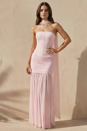 Pleated Strapless Maxi Dress with Scarf in Pink - SHE IS ME