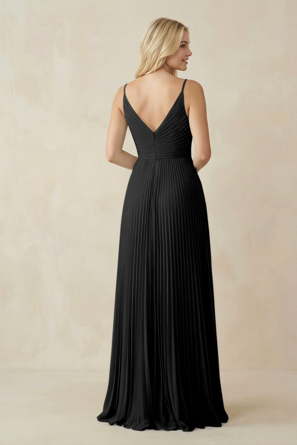 Pleated V - Neck A - Line Chiffon Bridesmaid Dress in Black - SHE IS ME Bridesmaid Dresses