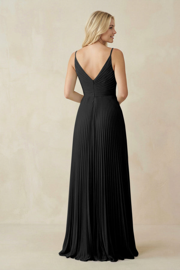 Pleated V - Neck A - Line Chiffon Bridesmaid Dress in Black - SHE IS ME Bridesmaid Dresses
