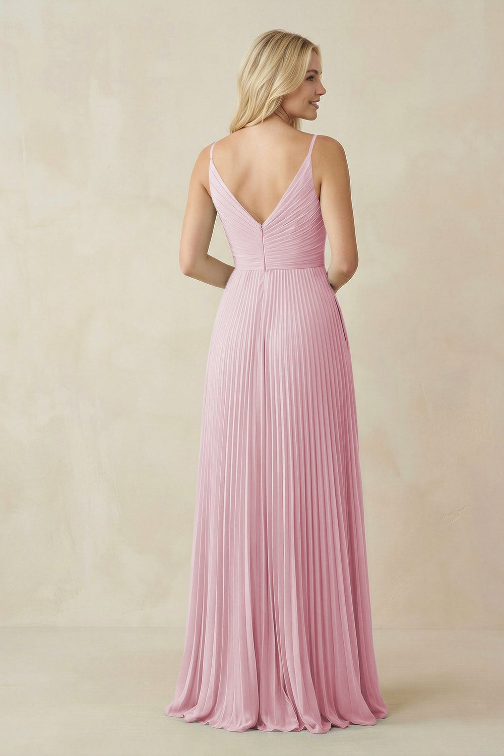 Pleated V - Neck A - Line Chiffon Bridesmaid Dress in Candy Pink - SHE IS ME Bridesmaid Dresses