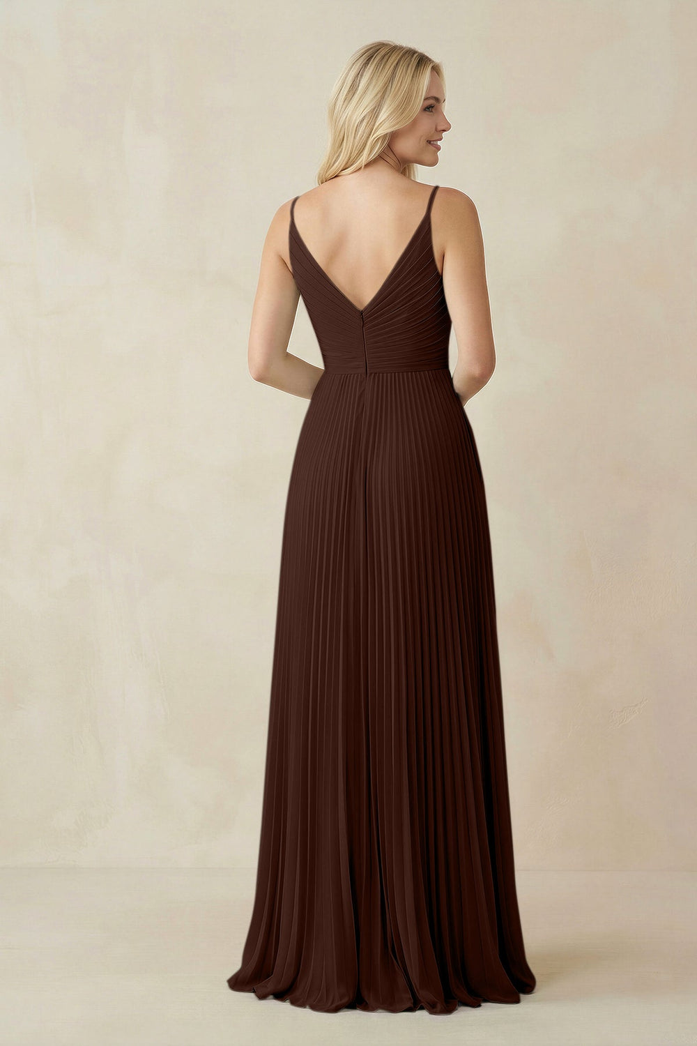 Pleated V - Neck A - Line Chiffon Bridesmaid Dress in Espresso - SHE IS ME Bridesmaid Dresses