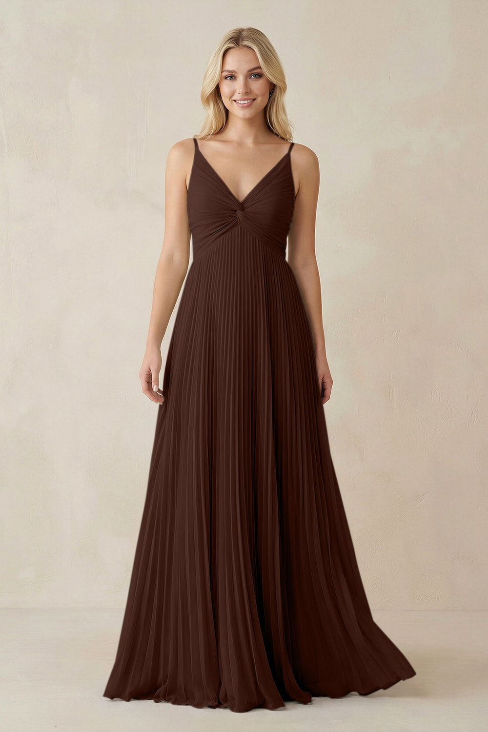 Pleated V - Neck A - Line Chiffon Bridesmaid Dress in Espresso - SHE IS ME Bridesmaid Dresses