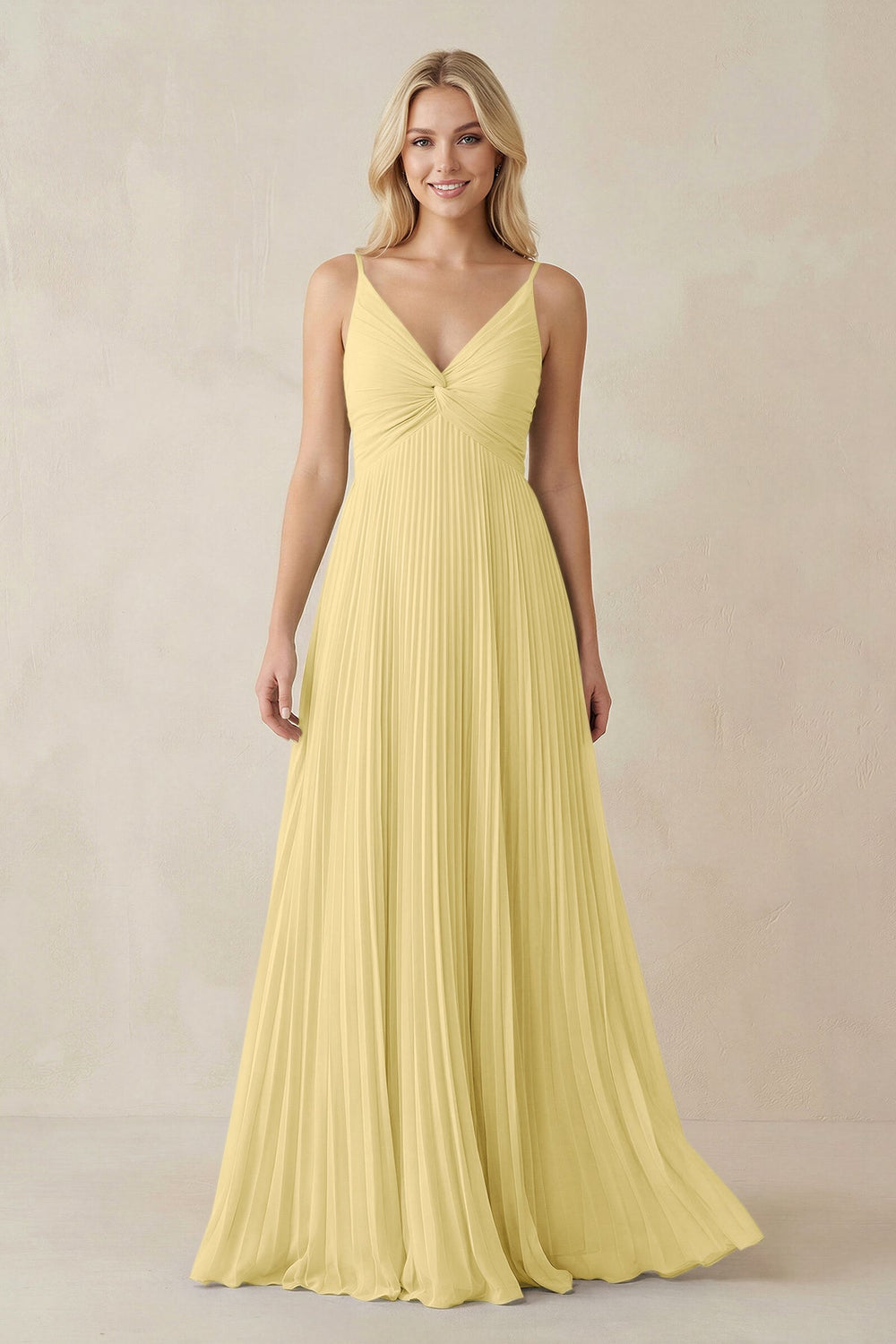 Pleated V - Neck A - Line Chiffon Bridesmaid Dress in Pastel Yellow - SHE IS ME Bridesmaid Dresses