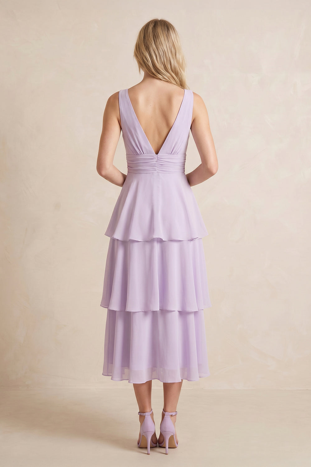 Plunge A-Line Chiffon Ruffled Midi Dress in Lavender– SHE IS ME Dresses