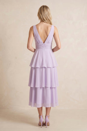 Plunge A-Line Chiffon Ruffled Midi Dress in Lavender– SHE IS ME Dresses