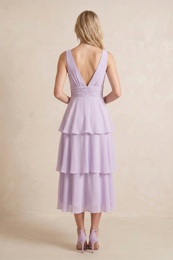 Plunge A-Line Chiffon Ruffled Midi Dress in Lavender– SHE IS ME Dresses