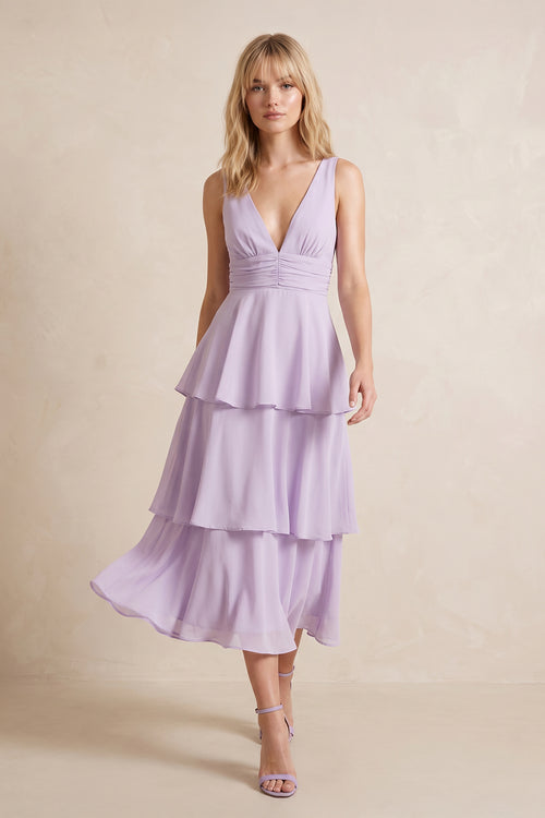 Plunge A-Line Chiffon Ruffled Midi Dress in Lavender– SHE IS ME Dresses