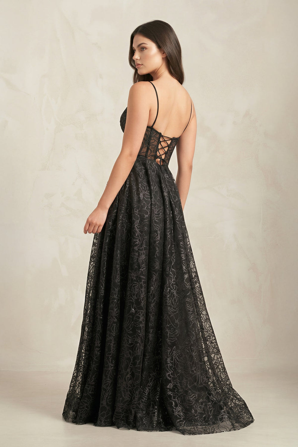 Plunge A - Line Lace Wedding Dress With Slit in Black - SHE IS ME Wedding Dresses