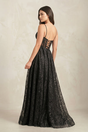 Plunge A - Line Lace Wedding Dress With Slit in Black - SHE IS ME Wedding Dresses