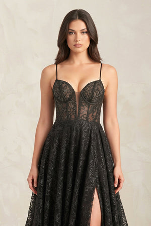 Plunge A - Line Lace Wedding Dress With Slit in Black - SHE IS ME Wedding Dresses