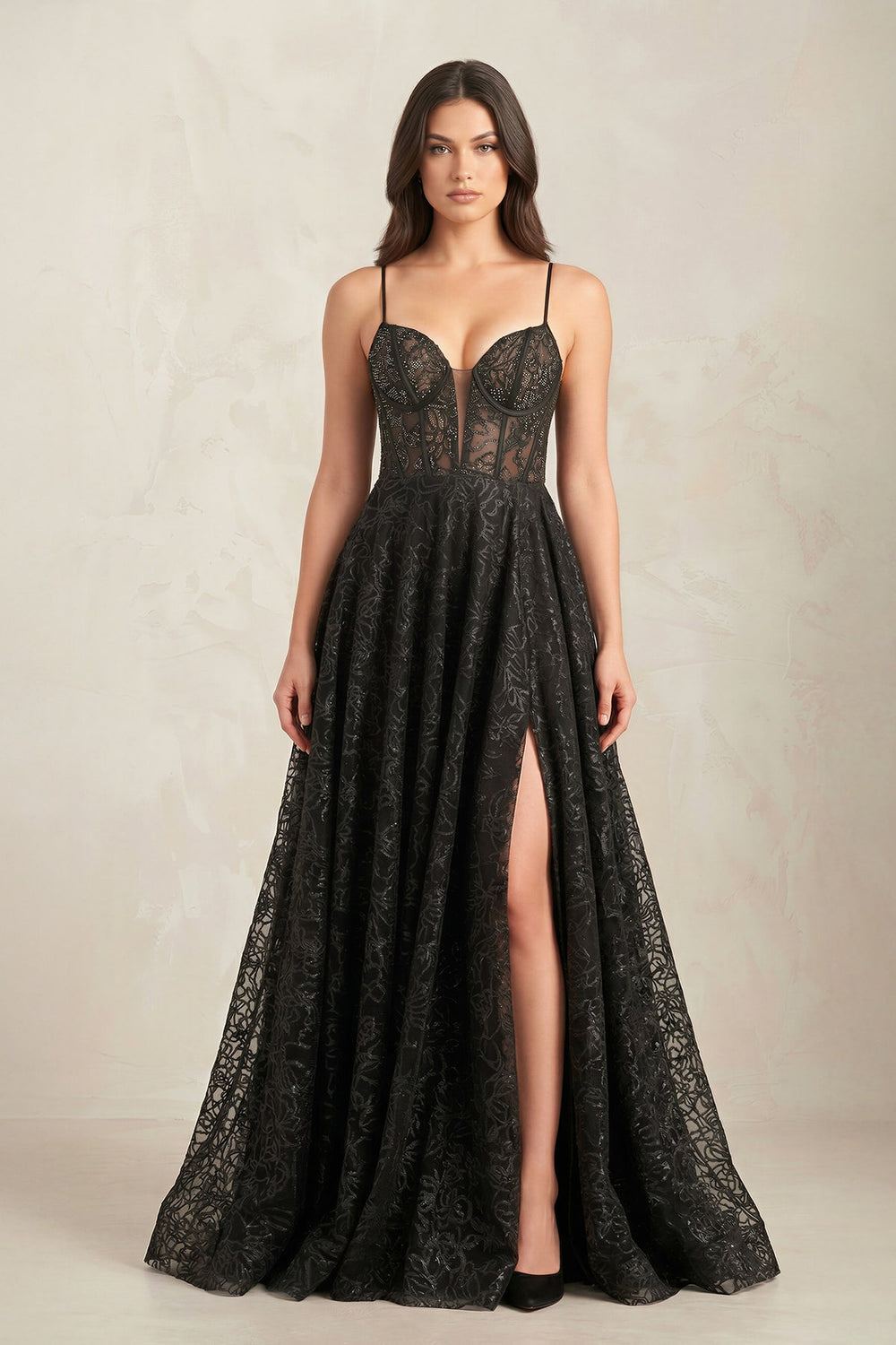 Plunge A - Line Lace Wedding Dress With Slit in Black - SHE IS ME Wedding Dresses