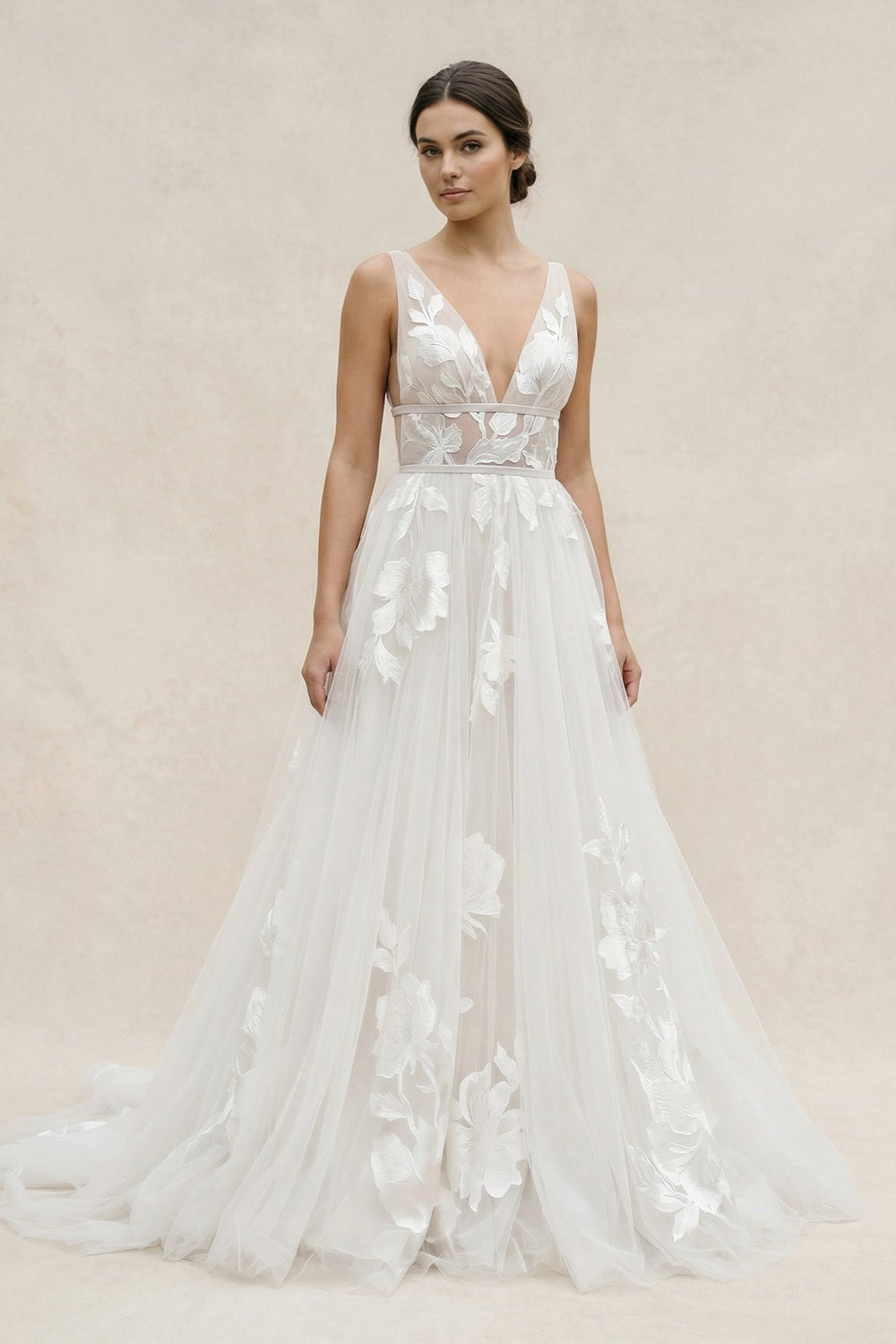Plunge A - Line Tulle Appliqued Wedding Dress in Ivory - SHE IS ME Wedding Dresses