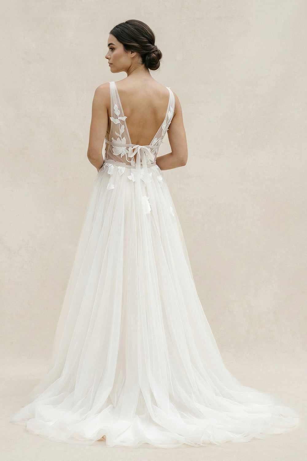 Plunge A - Line Tulle Appliqued Wedding Dress in Ivory - SHE IS ME Wedding Dresses