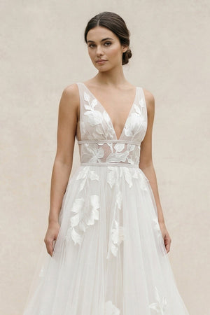Plunge A - Line Tulle Appliqued Wedding Dress in Ivory - SHE IS ME Wedding Dresses