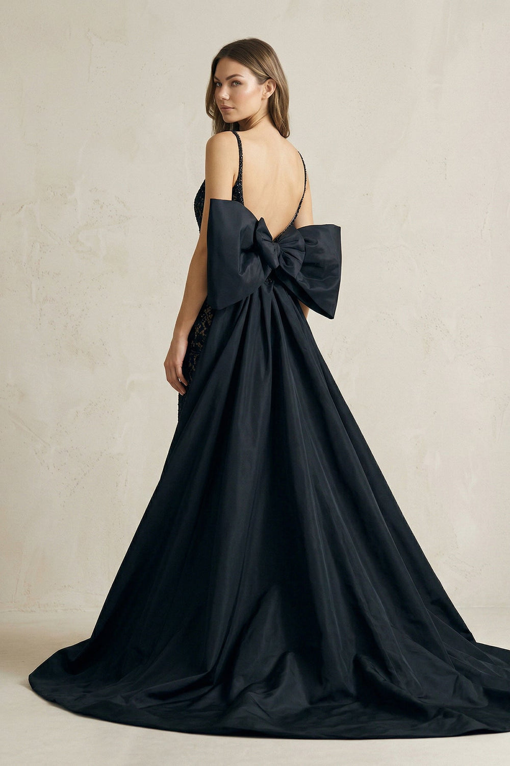 Plunge Sheath Lace Back Bow Wedding Dress With Train in Black - SHE IS ME Wedding Dresses