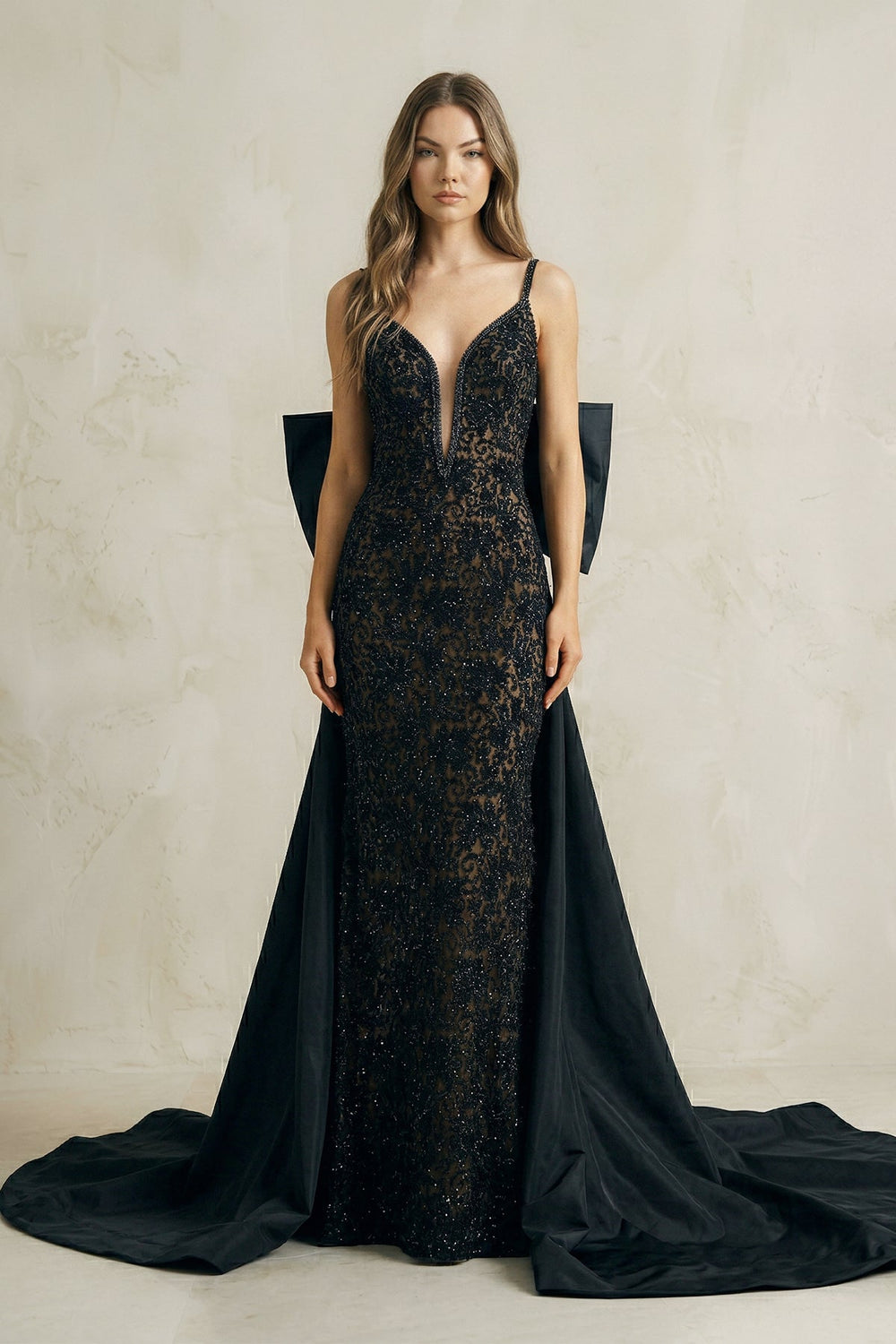 Plunge Sheath Lace Back Bow Wedding Dress With Train in Black - SHE IS ME Wedding Dresses